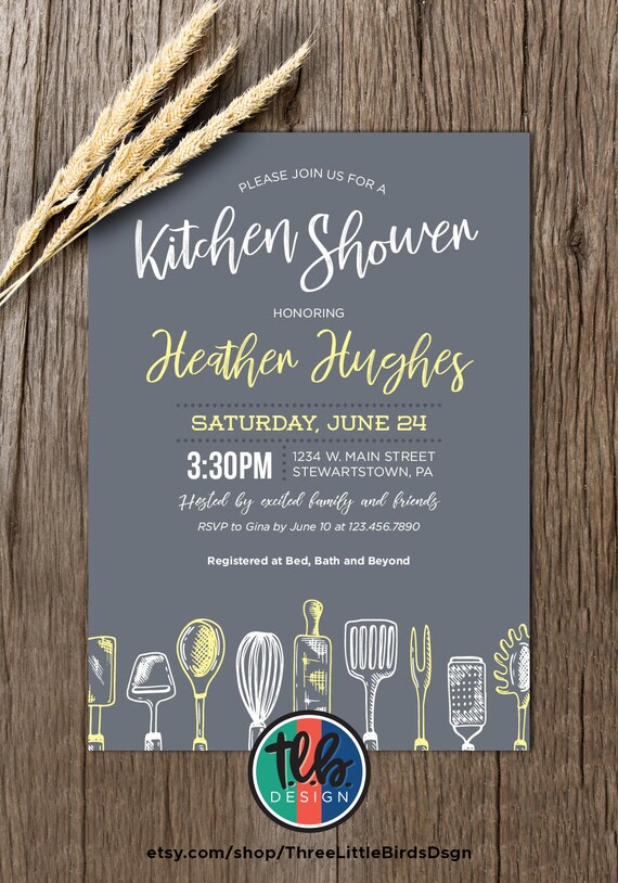kitchen bridal shower invite, printable invitation, stock the kitchen chic invitation gray and yellow with recipe cards Il_570xn