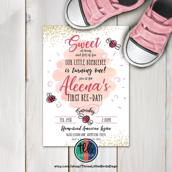 pink and gold bee first birthday invite chic honey bee birthday invite gold glitter and pink glitter bumble bee birthday girl first birthday Il_570xn