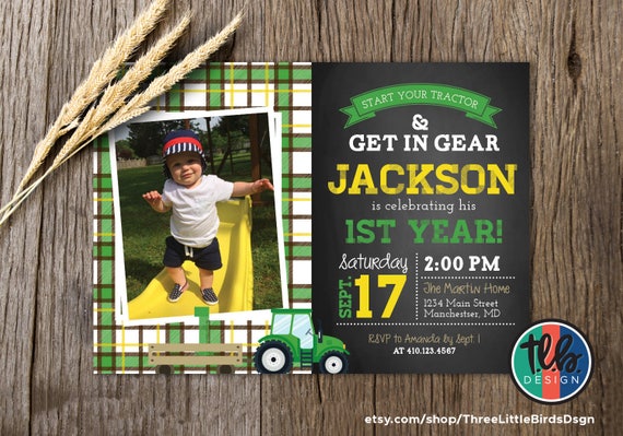 tractor birthday invitation, farm birthday invite, boy first birthday 1st birthday green plaid chalkboard printable invite personalize Il_570xn