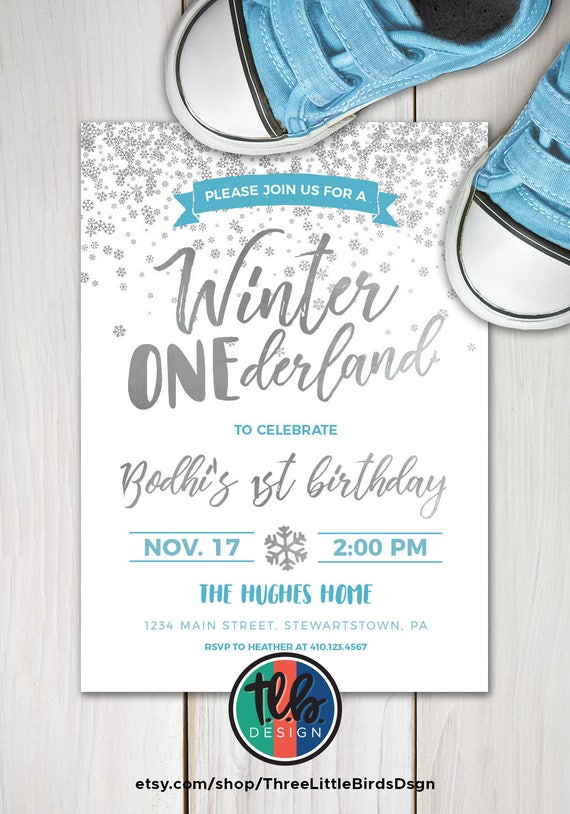 winter onederland boy first birthday invitation, 1st birthday snowflake confetti with silver glitter, winter birthday Il_570xn