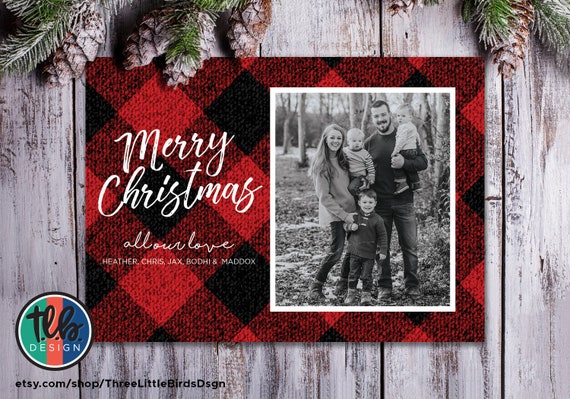 digital Family Photo Christmas card Merry Christmas red and black buffalo plaid simple and chic family Christmas card Il_570xn