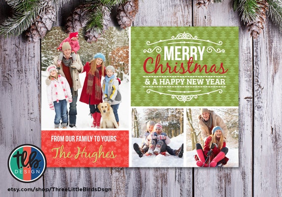Family Christmas card printable holiday card with personalized photos Merry Christmas Happy New Year multi-photo card tree and snowflake Il_570xn