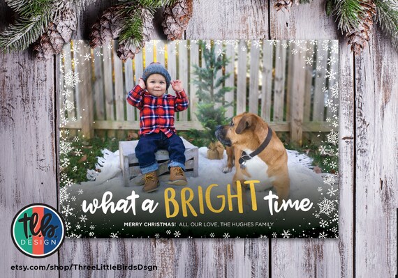 digital Family Photo Christmas card Merry Christmas what a bright time gold and snowflakes family Christmas card Il_570xn