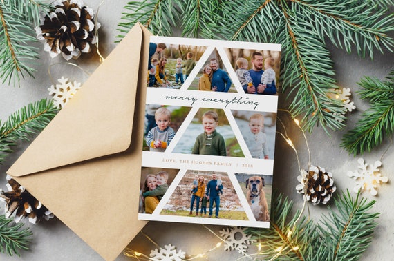 digital Family Photo Christmas card with 9 photos merry Christmas navy evergreen rose gold merry everything and happy always tree pattern Il_570xn