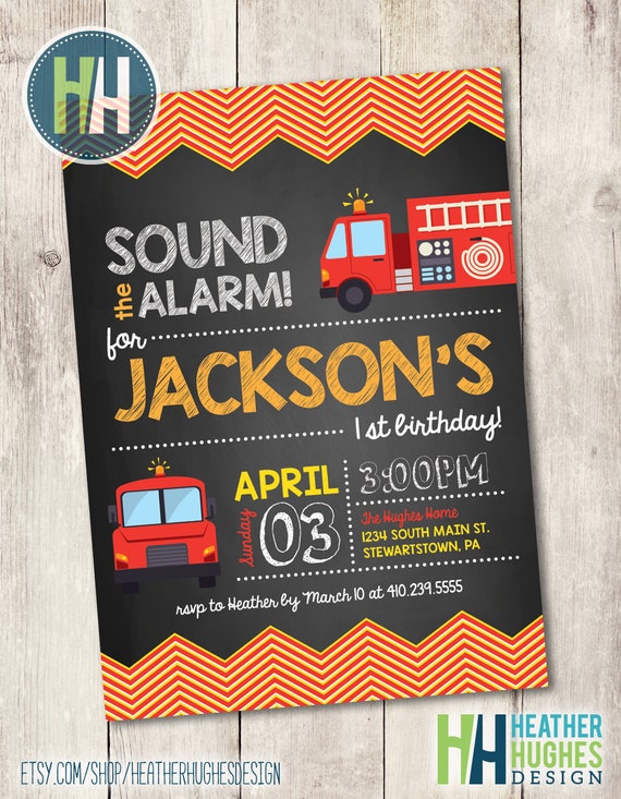 boy first birthday fire trucks invite, 1st birthday printable invitation, sound the alarm red and yellow on chalkboard customize personalize Il_570xn