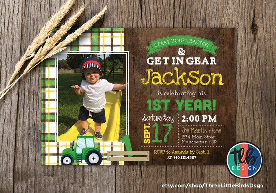 digital tractor birthday invitation birthday invite boy first birthday 1st birthday green plaid country invite personalize Il_570xn