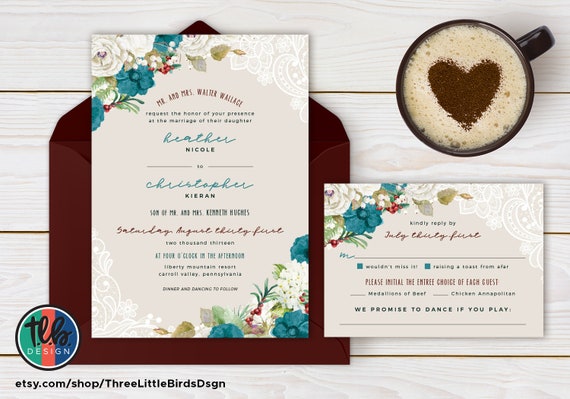 rustic floral and lace wedding invitation greenery teal wedding invite lace wedding invitation watercolor wedding invite chic boho invite Il_570xn