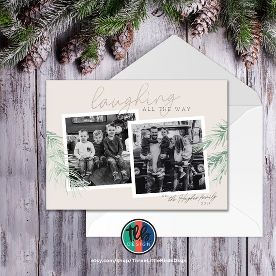 Elegant photo Christmas card laughing all the way Christmas Card simple design with two photos rose gold and watercolor pine Il_570xn