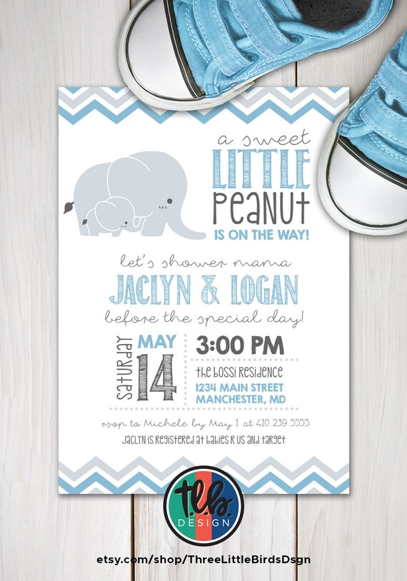 elephant baby boy shower invite, little peanut printable baby shower invitation, chevron personalize blue and gray Il_570xn