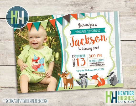 woodland animals birthday invite, woodland onederland birthday invite, boy 1st birthday personalized invitation, woodland creatures Il_570xn