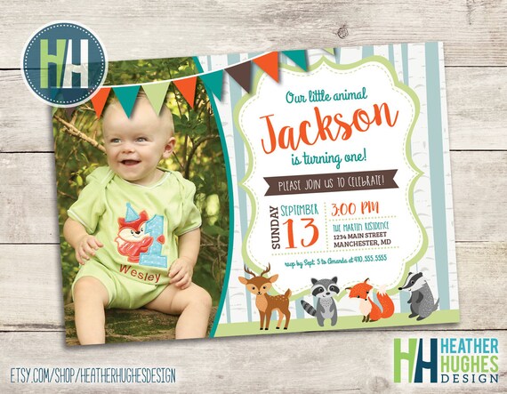 forest animals invitation, woodland birthday invite, boy first birthday, 1st birthday printable invitation, birch trees invite, baby fox Il_570xn