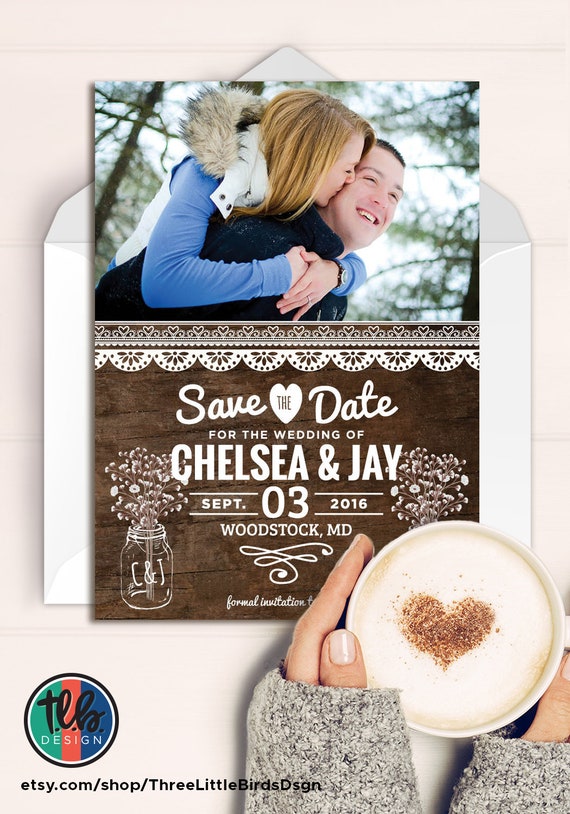rustic save the date photo card wedding save the date card rustic wedding wood save the date photo save the date mason jars and babys breath Il_570xn