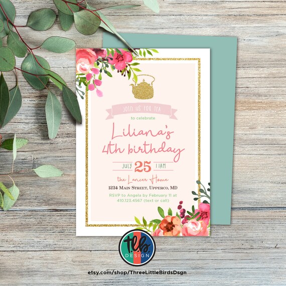 Tea Party Invitation Floral Tea Party Birthday Invite Pink and Gold Tea Birthday Invitation for girl ANY AGE Tea Birthday Invite Tea Time Il_570xn