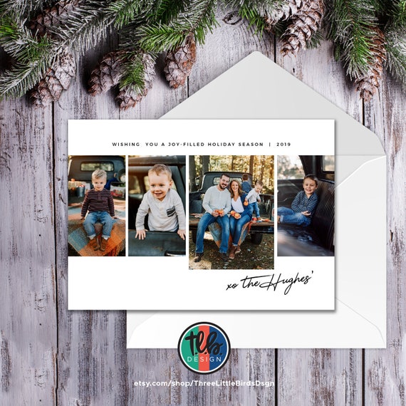 family photo Christmas card simple design with 4 photos joy-filled season simple holiday card Il_570xn