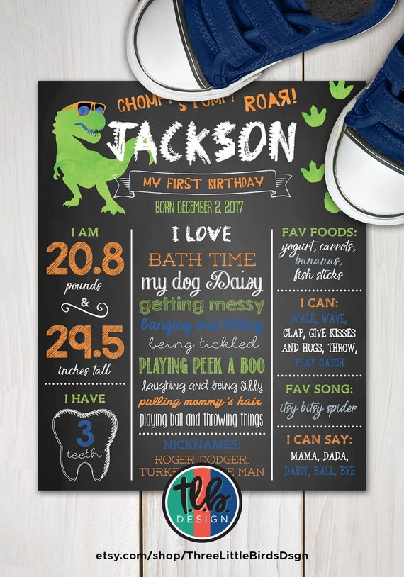 dinosaur First Birthday Chalkboard Poster, 1st Birthday Milestone Sign dinosaur t-rex birthday theme personalized first birthday poster Il_570xn