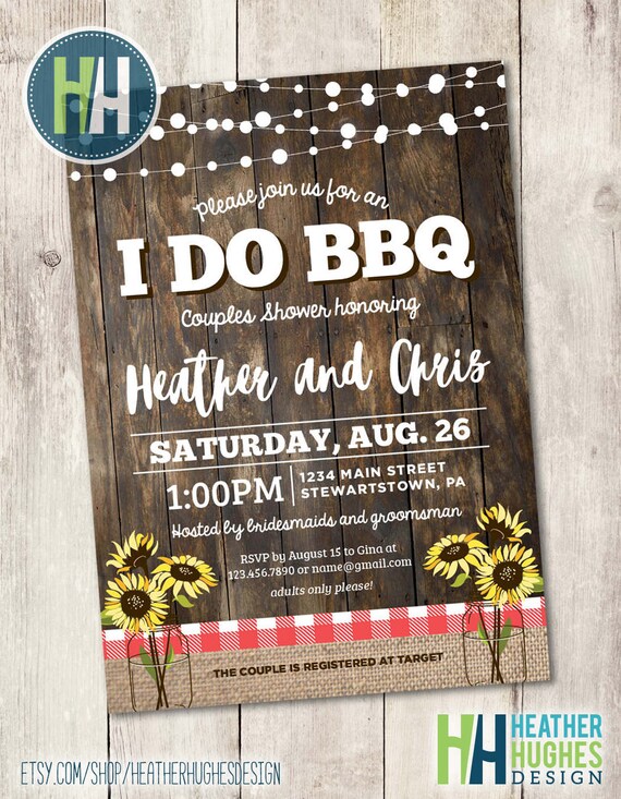 I Do BBQ couples shower invite, bridal shower invitation, rustic couples shower invite w red lunch plaid, burlap and sunflowers Il_570xn