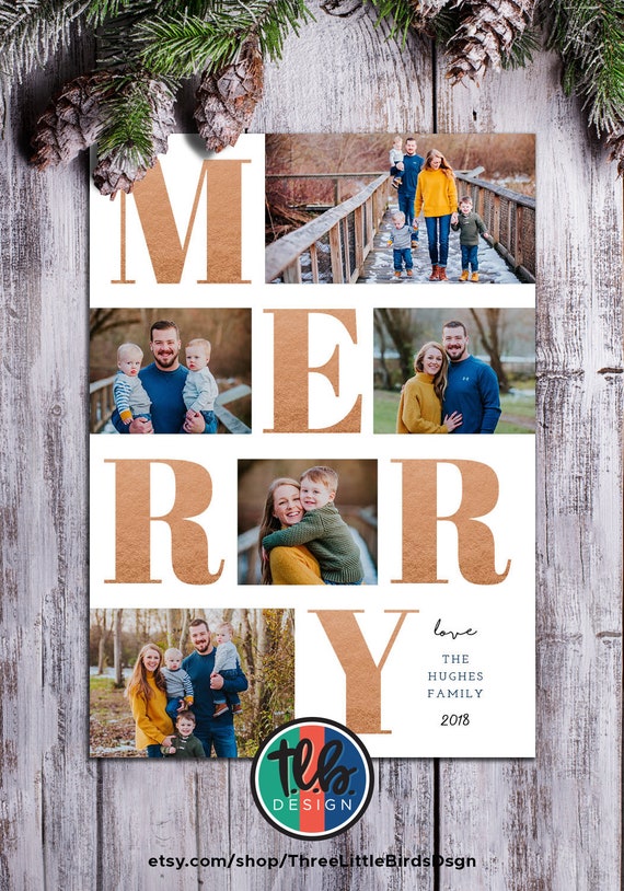 MERRY Family Photo Christmas card with 5 photos Merry Christmas family Christmas card with photos simple chic rose gold copper farmhouse Il_570xn