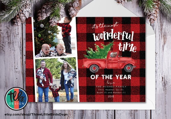 Rustic Christmas card family photo card watercolor Christmas tree truck buffalo plaid family photo Christmas card red and green holiday card Il_570xn