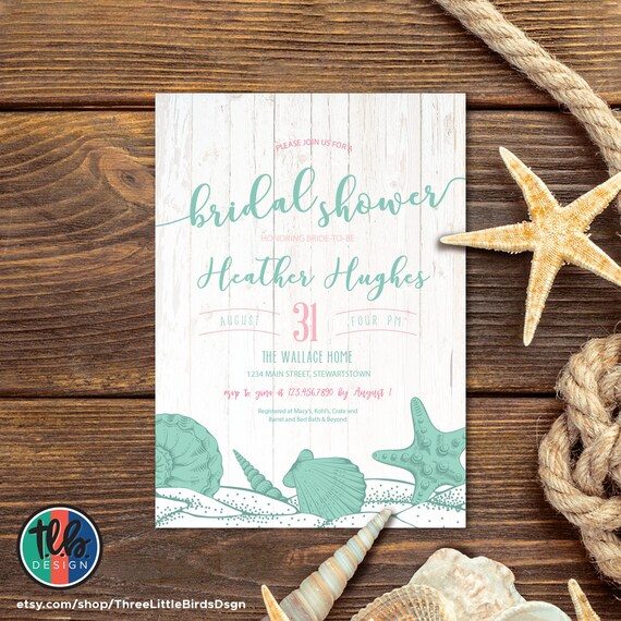 digital beach bridal shower invite invitation shabby chic invitation seashells boardwalk vintage mint and pink beach theme personalize Il_570xn