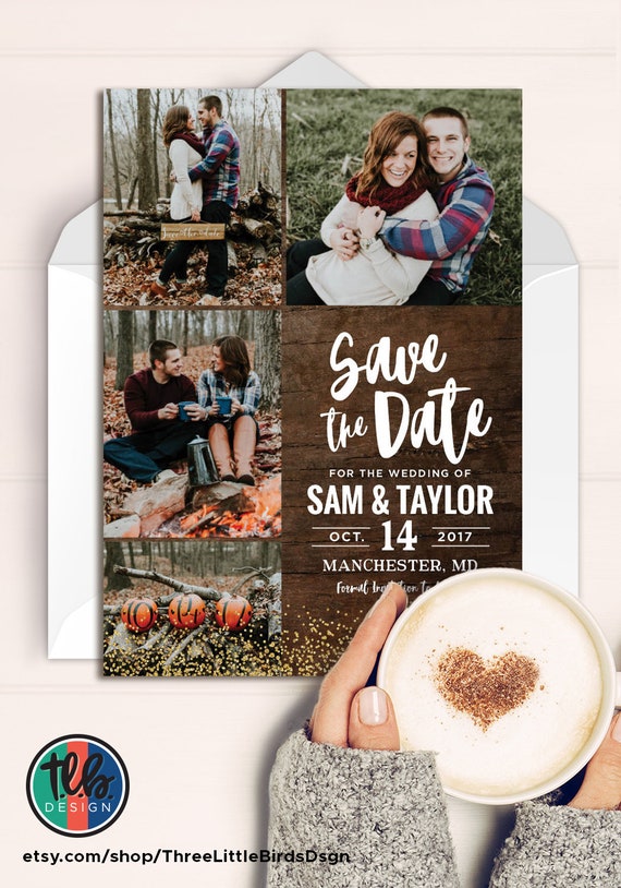 multi photo rustic save the date card wedding save the date card rustic wedding wood save the date photo save the date shabby chic wedding Il_570xn