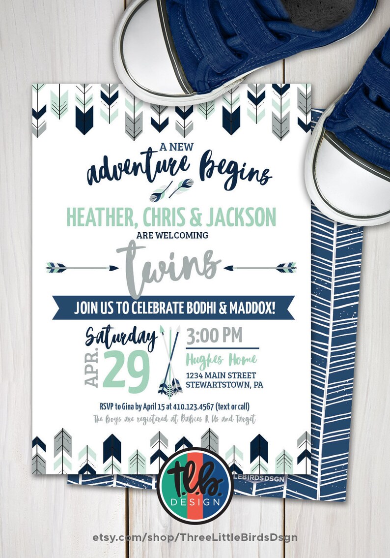 Twins Baby Shower Invite Baby Boy Twins Shower Invitation Tribal Theme Baby Shower Arrows Baby Shower Navy Mint Gray With Herringbone