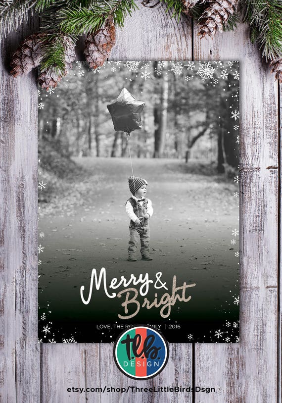 Printable Christmas card, Merry and Bright printable family holiday card with photo, personalized, glitter and snowflakes, black and silver Il_570xn