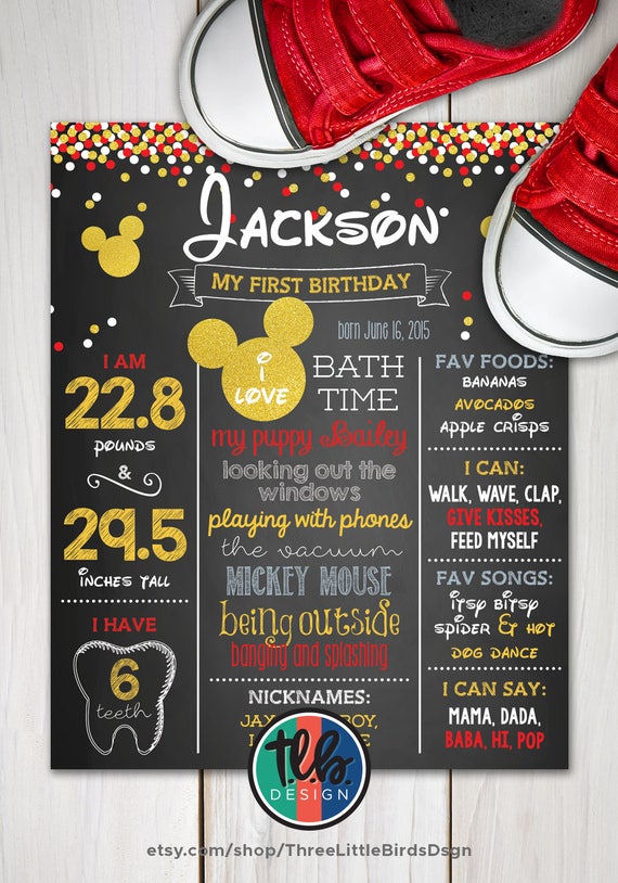 digital Mickey Mouse First Birthday Chalkboard Poster 1st Birthday Milestone Sign gold confetti customized by Heather Hughes Il_570xn