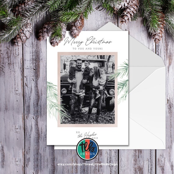 Elegant photo Christmas card Merry Christmas Card simple design with rose gold and watercolor evergreen Il_570xn