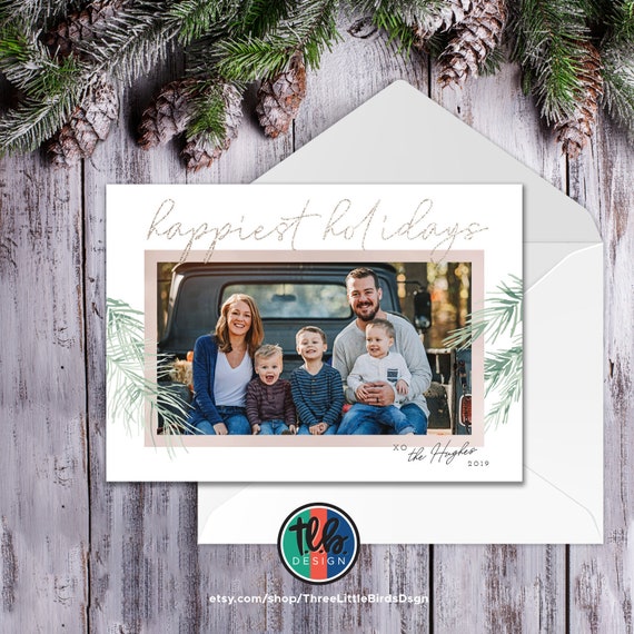 happiest holidays Christmas Card Elegant photo Christmas card simple design with rose gold and watercolor evergreen Il_570xn