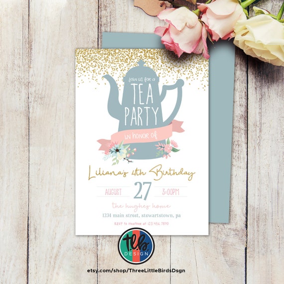 Tea Party Invitation Tea Party Birthday Invite Pink and Gold Tea Birthday Invitation for girl ANY AGE Floral Tea Birthday Invite Tea Time Il_570xn