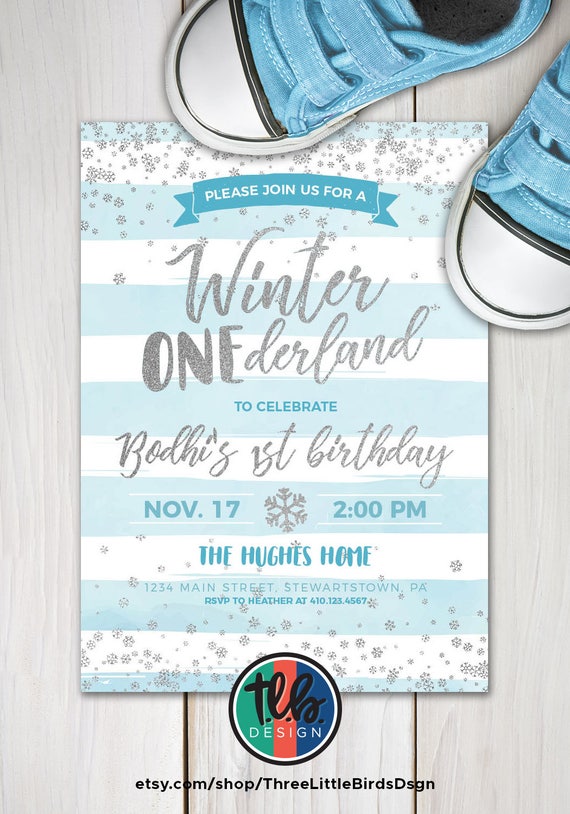winter onederland boy first birthday invitation, 1st birthday snowflake confetti, blue and white stripes with silver glitter Il_570xn