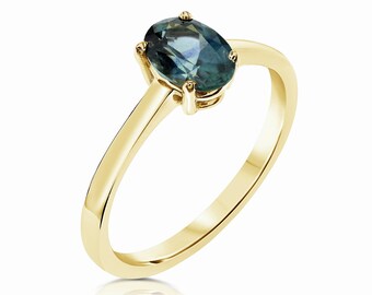 Gemstone Ring, 14K Yellow Gold Ring set with Natural Teal Montana Sapphire, Unique Gemstone Solitire Ring