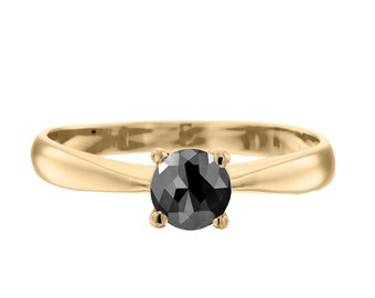 Ring for Women, Single Black Diamond Ring, Ring For Girls, Black Diamond Gold Ring, 14K Yellow Gold Solitaire Ring, Black Diamond