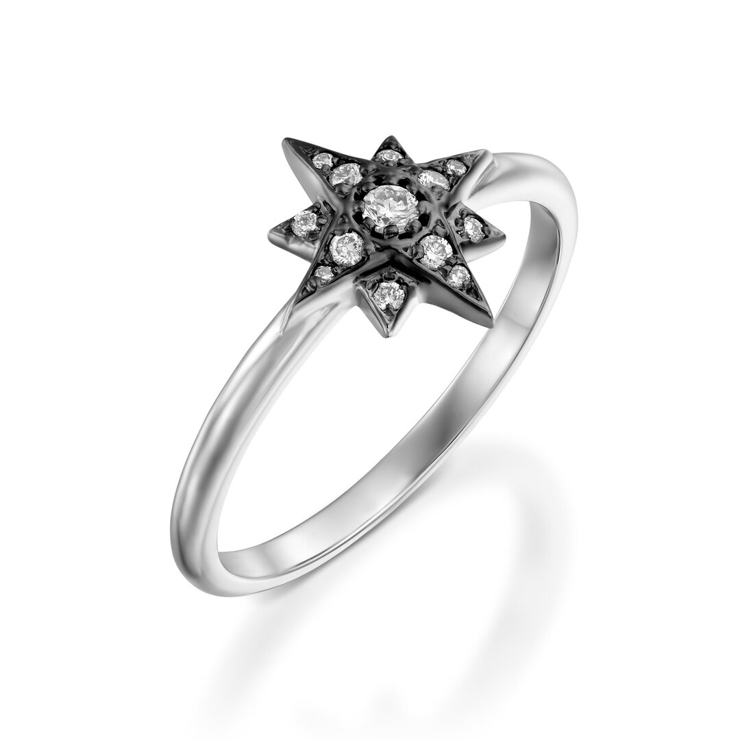 Star Diamond Ring, 14K White Gold and Diamond Ring, Small Star Ring