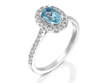 Aquamarine and Diamonds Halo ring, Diamond halo and Natural Aquamarine ring, 14K gold ring, march birthstone, gift for her, handmade ring