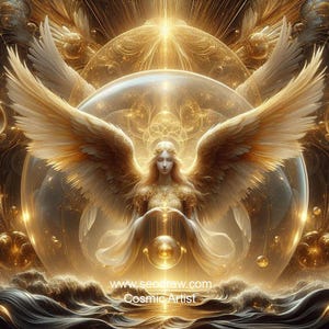 May include: A digital art piece featuring a celestial figure with large, golden wings, set against a backdrop of swirling gold and light. The figure is surrounded by a glowing orb, with the text "www.seodraw.com Cosmic Artist" at the bottom.
