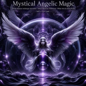 May include: A digital illustration titled Mystical Angelic Magic, Divine Warrior Archetype Activation - Silent Ultrasonic Subliminal - White Arts & Anima Power, MP3 + PDF Guide, featuring a central winged figure in purple tones with glowing orbs.