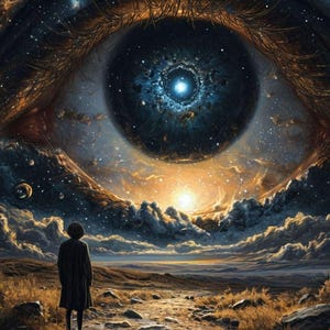 Puede incluir: Una pintura digital artística representa un paisaje surrealista con un ojo gigante en el cielo, lleno de estrellas y nebulosas. Una persona está de pie en un campo, mirando el ojo cósmico, con un cielo dramático y nubes.