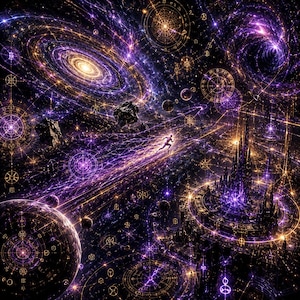 May include: A digital illustration of a cosmic landscape featuring a central figure running across a glowing purple and gold nebula. The scene includes swirling galaxies, floating dark asteroids, and a tall, intricate spire city structure.