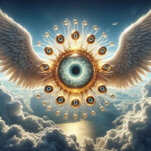 May include: An artistic depiction of an eye with a blue iris, surrounded by golden embellishments and multiple smaller eyes. Large white wings extend from either side, set against a cloudy sky and a glimpse of water. The artwork evokes a sense of spirituality.