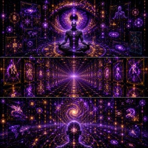 May include: Digital art depicting a meditating figure surrounded by geometric patterns and celestial elements in shades of purple and gold. The artwork features a central eye motif and a tunnel of light, evoking themes of spirituality and consciousness.