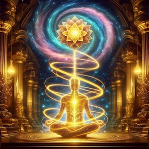 May include: Digital artwork of a meditating figure in a lotus position, emitting golden light. Above, a glowing lotus flower connects to a swirling galaxy of blue, pink, and purple. The scene is set in a golden, ornate interior with pillars.