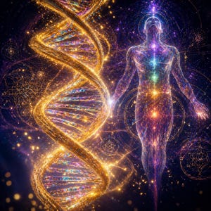 May include: Digital art depicting a glowing DNA strand intertwined with a human figure. The figure is illuminated with vibrant colors representing chakras, set against a dark, starry background. The artwork evokes themes of spirituality and science.