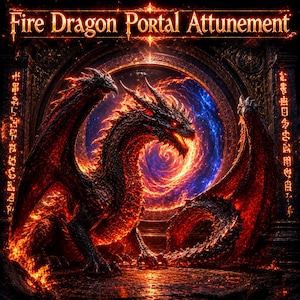 Può includere: Un drago scuro e strutturato con squame arancioni e rosse brillanti si trova davanti a un portale circolare che vortica con energia blu e ardente. Il testo Fire Dragon Portal Attunement è visualizzato in alto, con simboli luminosi.