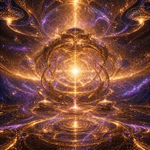 Puede incluir: Obra de arte digital abstracta con una fuente de luz dorada central, rodeada de patrones arremolinados dorados y púrpuras. La obra evoca una sensación de energía cósmica y cuerpos celestes.