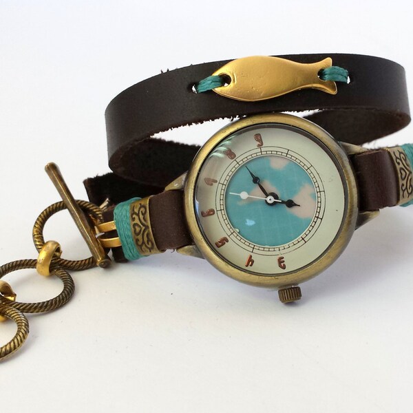 Bracelet  Wrist watch Wrapped Leather for Women, Turquoise Wristwatch with Golden Fish Element,  Unique Watches, Gift for Her