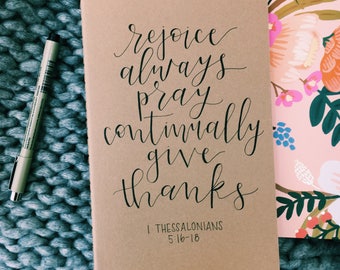 Hand-lettered 1 Thessalonians 5:16-18 Moleskine Kraft notebook