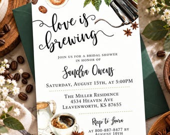 May include: A rectangular bridal shower invitation card featuring watercolor illustrations of coffee cups, a gooseneck kettle, coffee beans, and star anise. The text reads: love is brewing, join us for a bridal shower in honor of Sandra Owens, Saturday, August 15th, at 5:00PM, The Miller Residence, 4534 Heaven Ave, Leavenworth, KS 87655, RSVP to Laura at 800-887-8477 by August 10th.