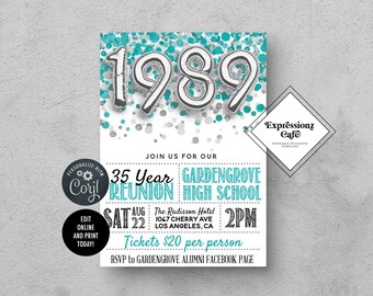 Teal Blue & Silver ANY YEAR High School College Reunion Vorlage | Abitur, Schultreffen, Klassentreffen, Wiedersehensparty
