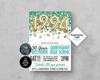 Teal Blue & Gold JEDES JAHR High School College Reunion Vorlage | Abitur, Schultreffen, Klassentreffen, Wiedersehensparty